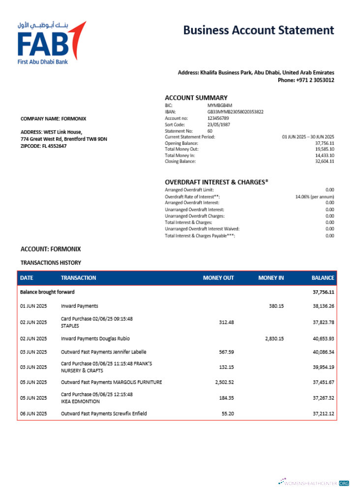 Download UAE First Abu Dhabi firm account statement Word and PDF template Photoshop template